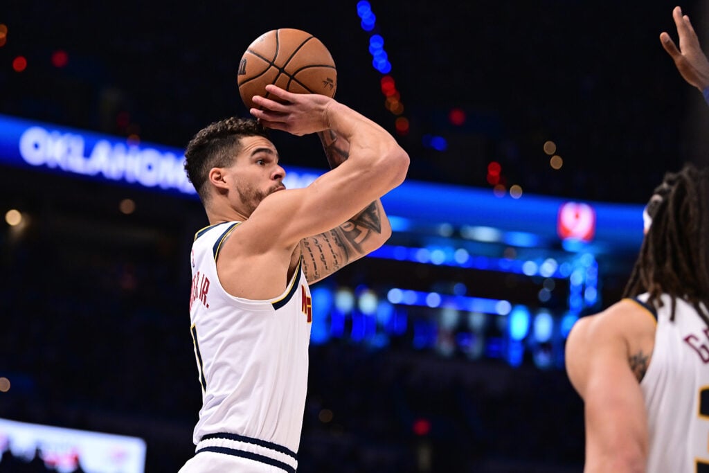 OKLAHOMA CITY, OKLAHOMA - MAY 18: Michael Porter Jr. #1 of the Denver Nuggets shoots the ball during the first half of game seven of the Western Conference semifinals against the Oklahoma City Thunder at Paycom Center on May 18, 2025 in Oklahoma City, Oklahoma. NOTE TO USER: User expressly acknowledges and agrees that, by downloading and or using this photograph, User is consenting to the terms and conditions of the Getty Images License Agreement.