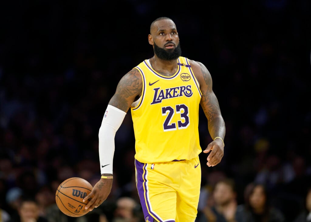 LOS ANGELES, CALIFORNIA - APRIL 30: LeBron James #23 of the Los Angeles Lakers tosses the ball back during a 103-96 loss to the Minnesota Timberwolves in Game Five of the Western Conference First Round NBA Playoffs at Crypto.com Arena on April 30, 2025 in Los Angeles, California. NOTE TO USER: User expressly acknowledges and agrees that, by downloading and or using this photograph, User is consenting to the terms and conditions of the Getty Images License Agreement.